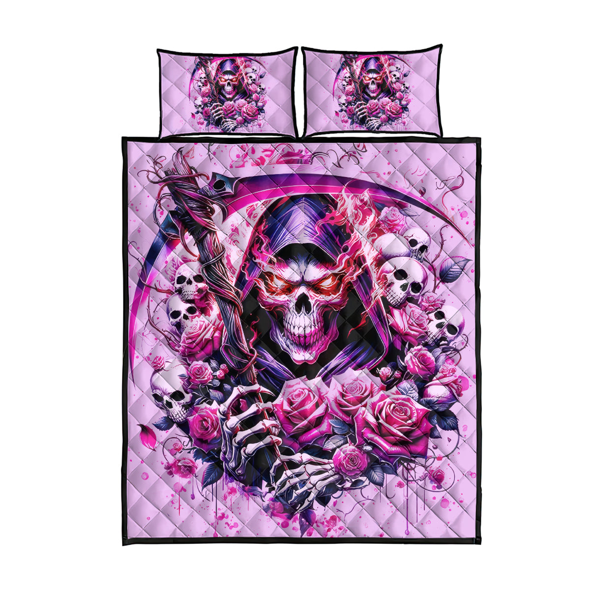 Reaper Skull Quilt Bed Set Warning This Tattooed Girl Doesn't Play Well With Stupid People - Wonder Print Shop