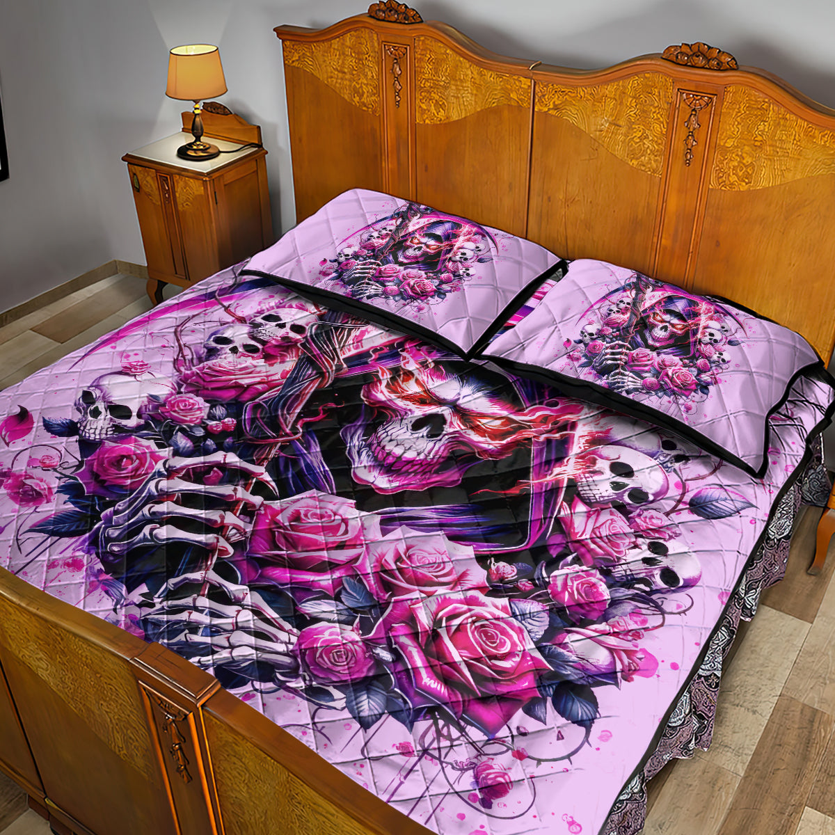 Reaper Skull Quilt Bed Set Warning This Tattooed Girl Doesn't Play Well With Stupid People - Wonder Print Shop
