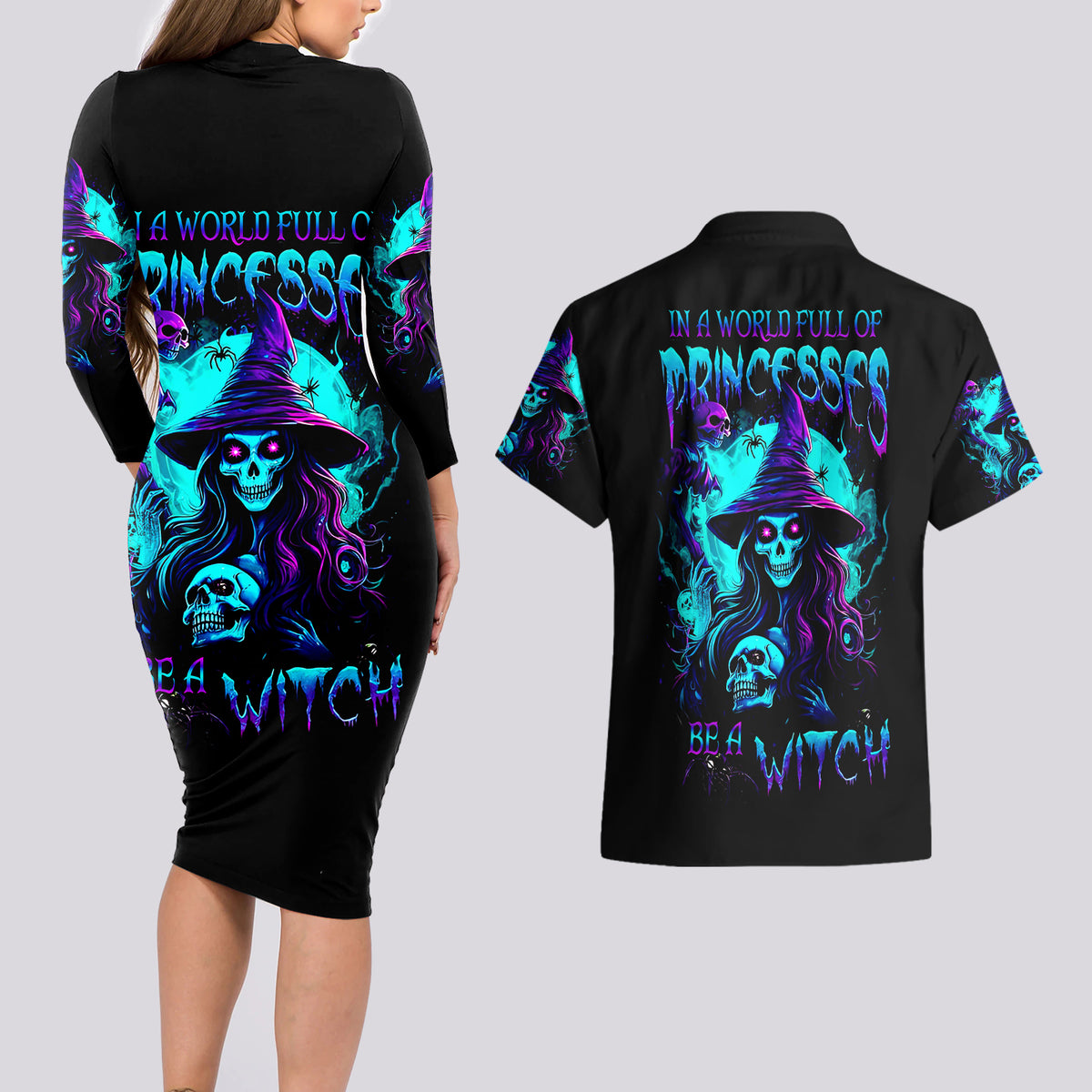 Witch Skull Couples Matching Long Sleeve Bodycon Dress and Hawaiian Shirt In A World Full Of Princess Be A Witch - Wonder Print Shop