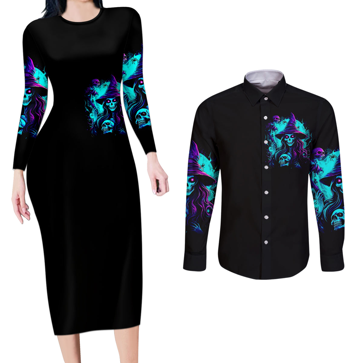 Witch Skull Couples Matching Long Sleeve Bodycon Dress and Long Sleeve Button Shirts In A World Full Of Princess Be A Witch - Wonder Print Shop