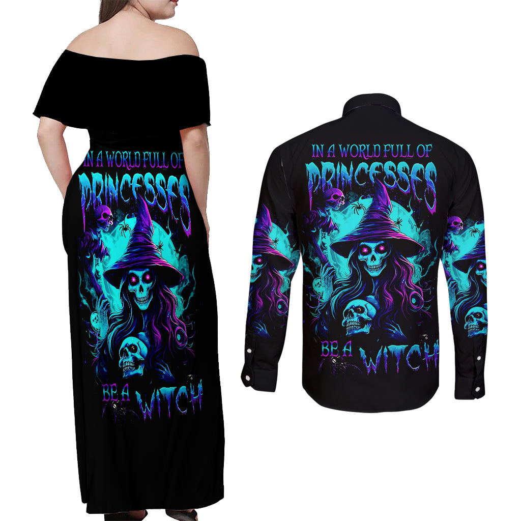 Witch Skull Couples Matching Off Shoulder Maxi Dress and Long Sleeve Button Shirts In A World Full Of Princess Be A Witch - Wonder Print Shop