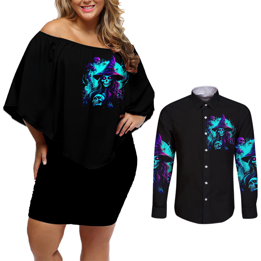 Witch Skull Couples Matching Off Shoulder Short Dress and Long Sleeve Button Shirts In A World Full Of Princess Be A Witch - Wonder Print Shop