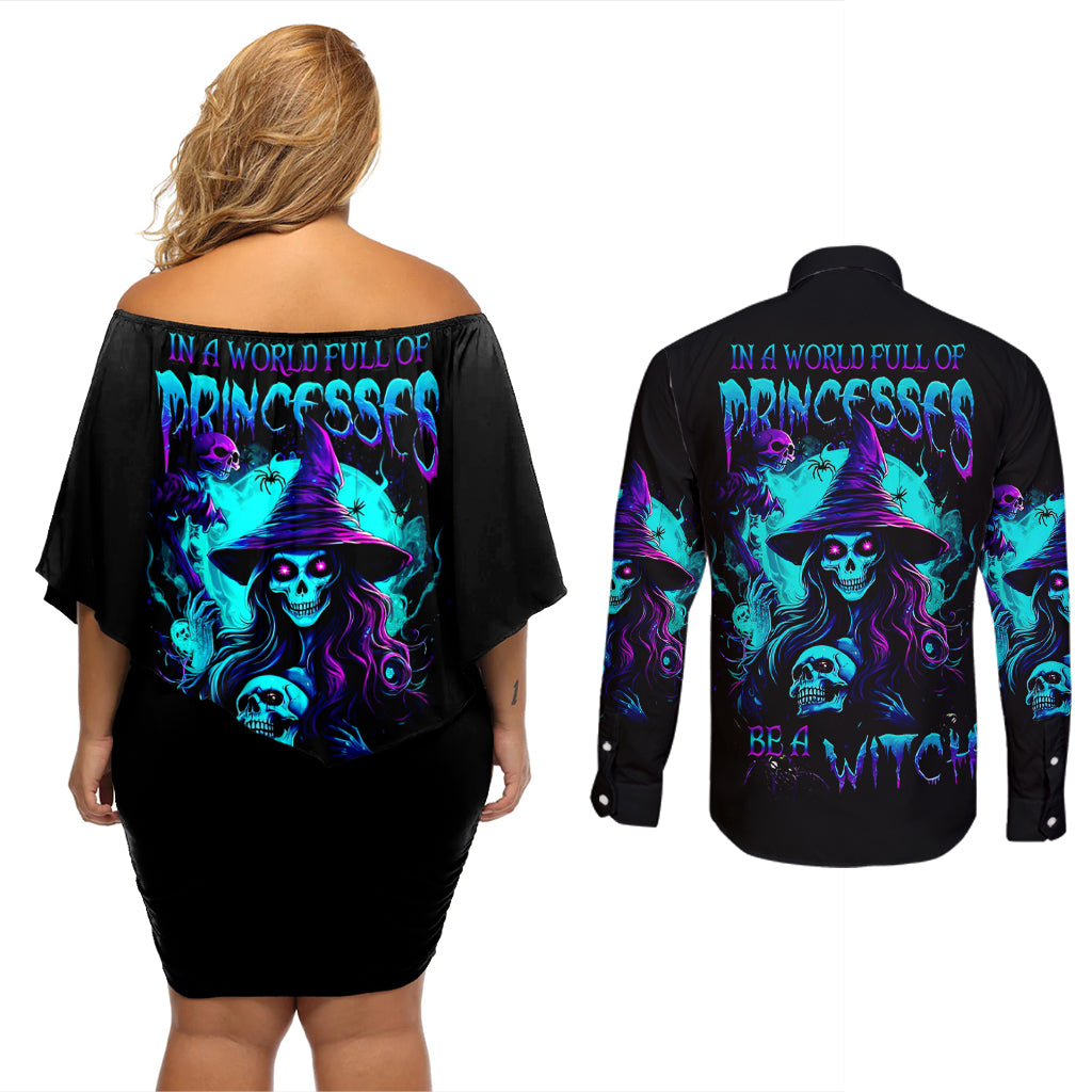 Witch Skull Couples Matching Off Shoulder Short Dress and Long Sleeve Button Shirts In A World Full Of Princess Be A Witch - Wonder Print Shop