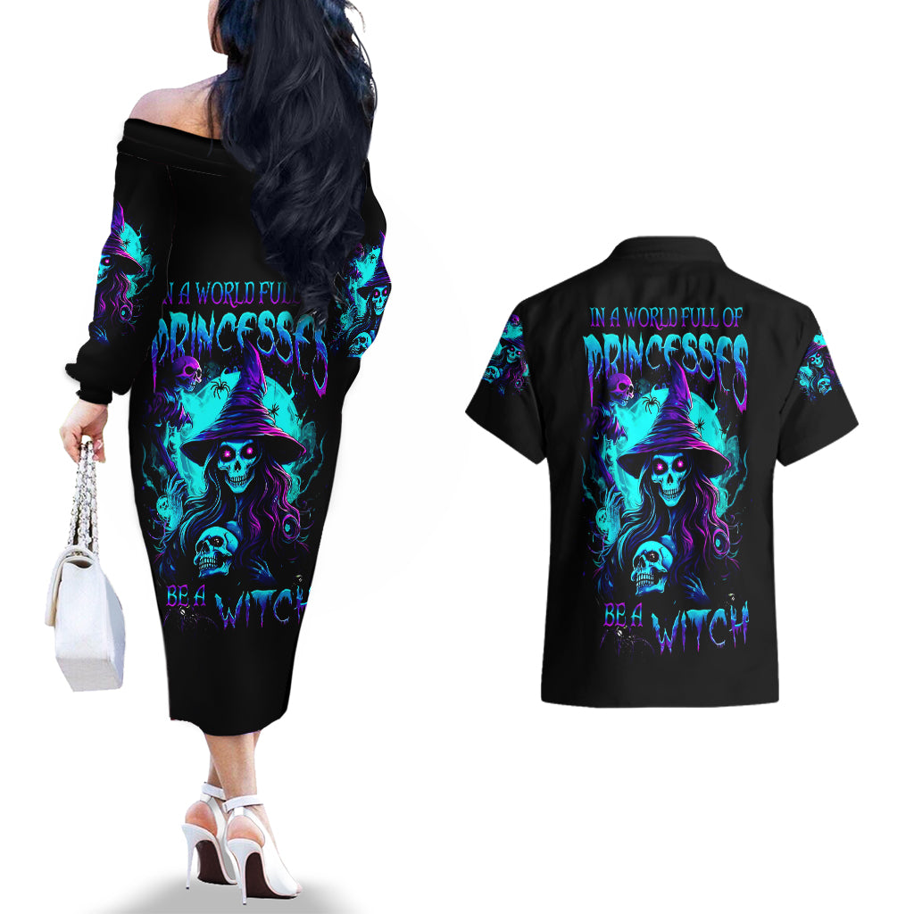 Witch Skull Couples Matching Off The Shoulder Long Sleeve Dress and Hawaiian Shirt In A World Full Of Princess Be A Witch - Wonder Print Shop
