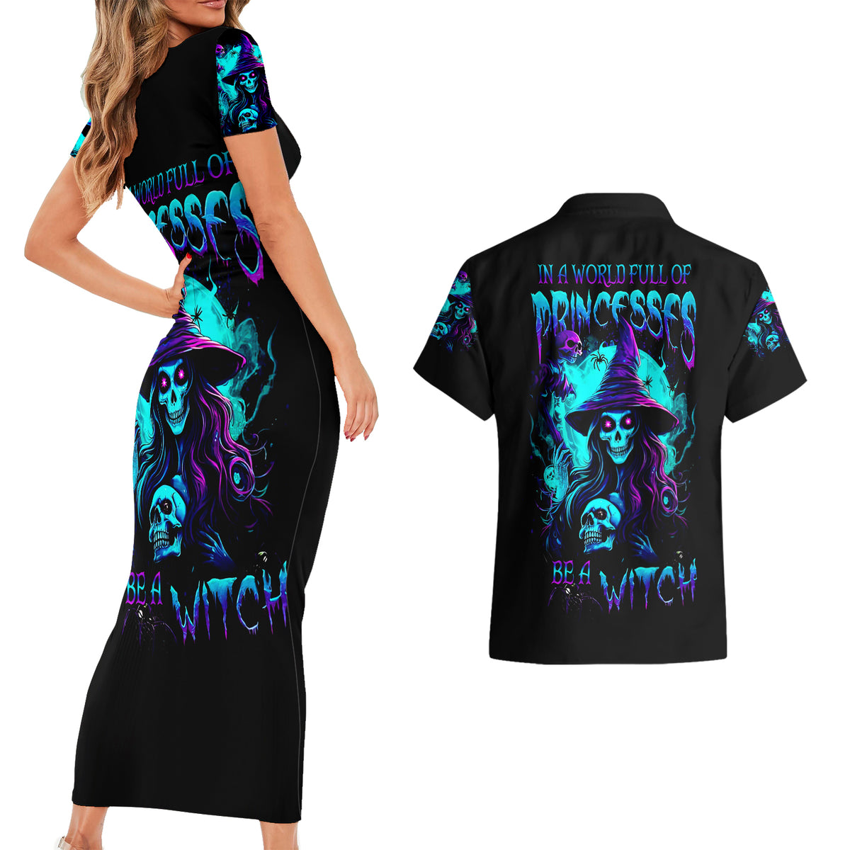 Witch Skull Couples Matching Short Sleeve Bodycon Dress and Hawaiian Shirt In A World Full Of Princess Be A Witch - Wonder Print Shop