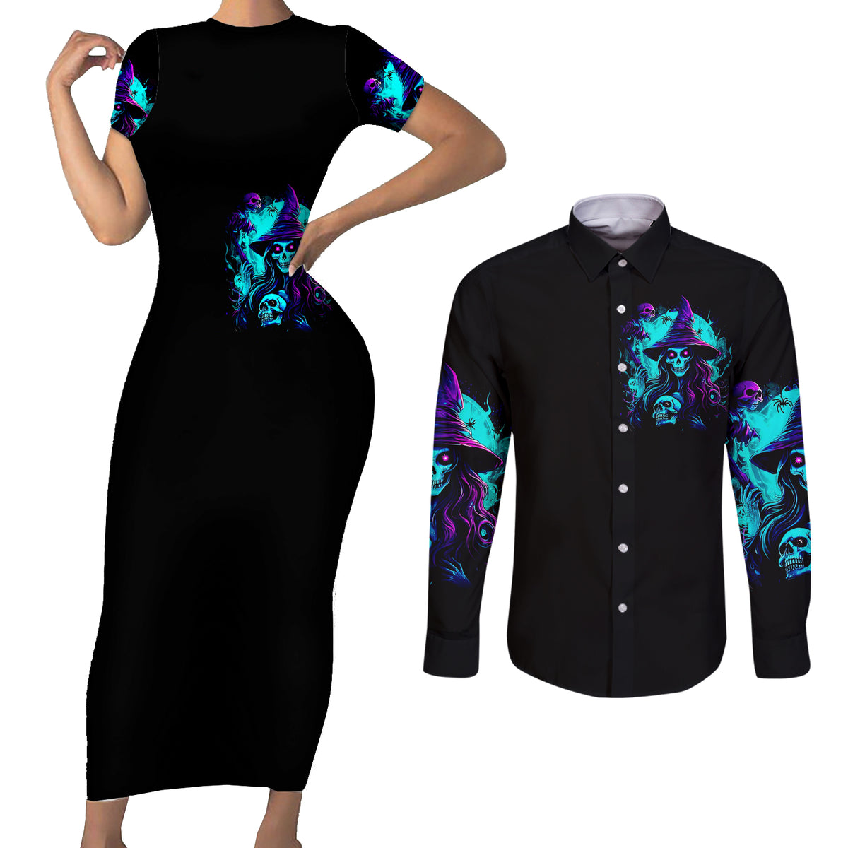 Witch Skull Couples Matching Short Sleeve Bodycon Dress and Long Sleeve Button Shirts In A World Full Of Princess Be A Witch - Wonder Print Shop
