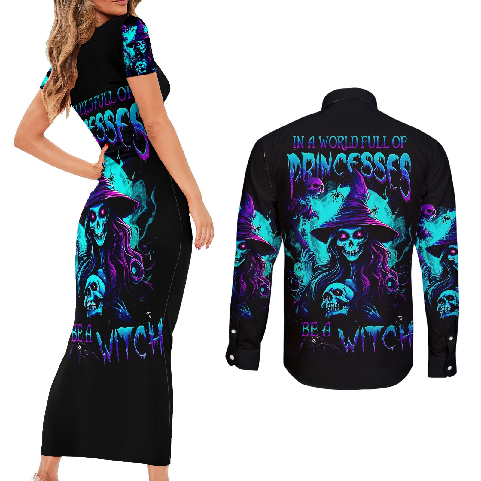 Witch Skull Couples Matching Short Sleeve Bodycon Dress and Long Sleeve Button Shirts In A World Full Of Princess Be A Witch - Wonder Print Shop