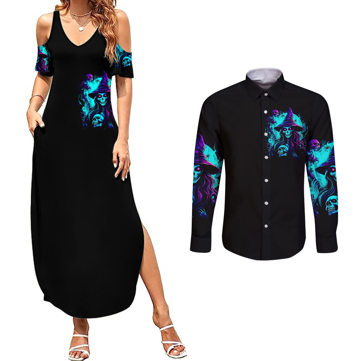 Witch Skull Couples Matching Summer Maxi Dress and Long Sleeve Button Shirts In A World Full Of Princess Be A Witch - Wonder Print Shop