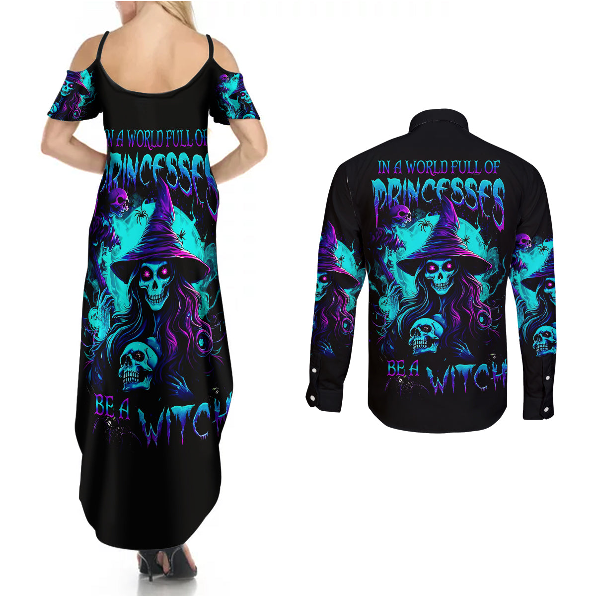 Witch Skull Couples Matching Summer Maxi Dress and Long Sleeve Button Shirts In A World Full Of Princess Be A Witch - Wonder Print Shop