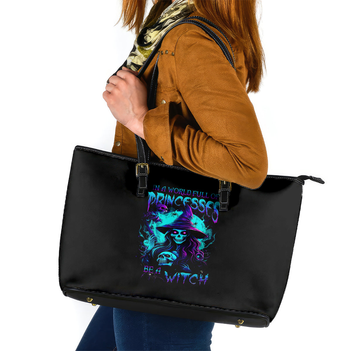 Witch Skull Leather Tote Bag In A World Full Of Princess Be A Witch - Wonder Print Shop