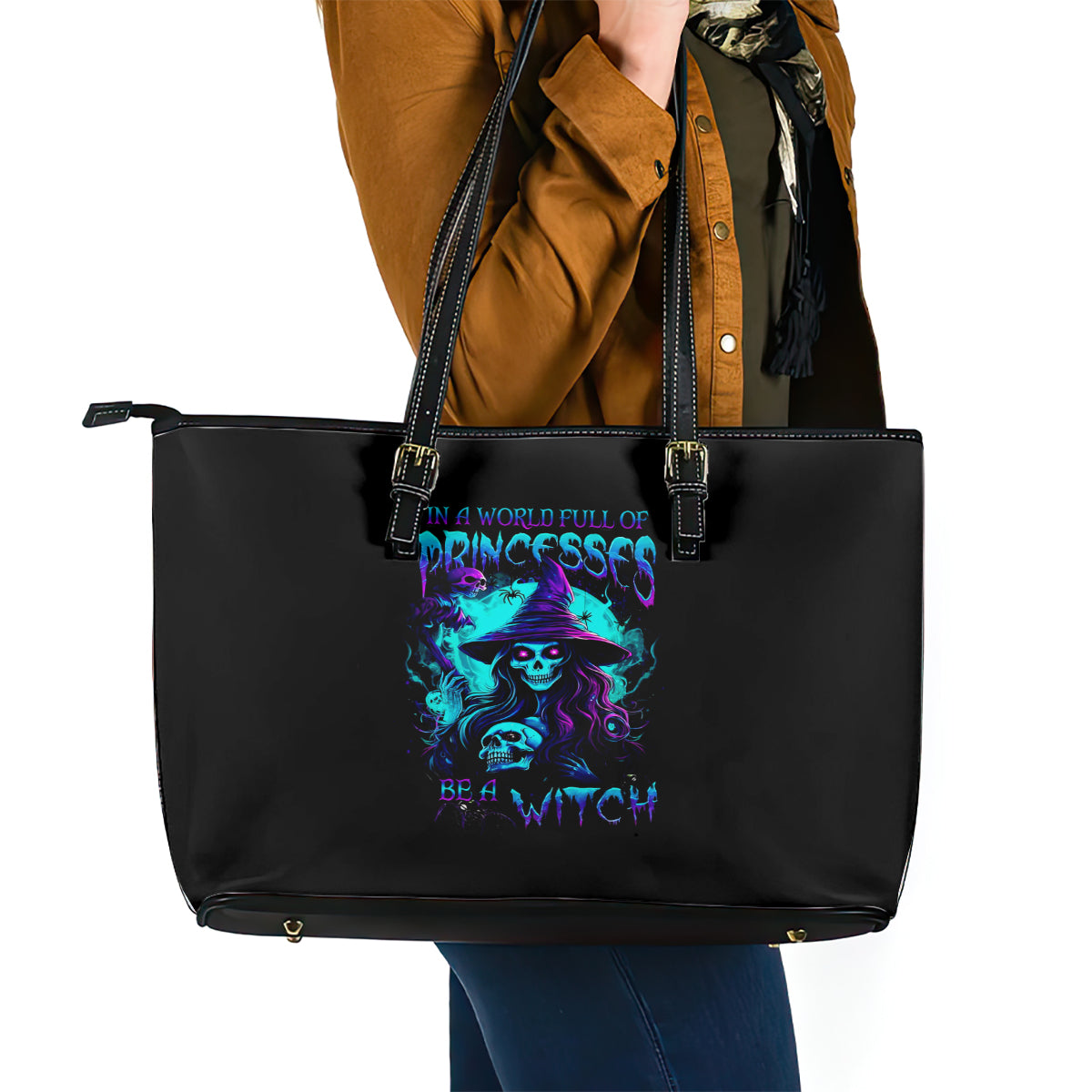 Witch Skull Leather Tote Bag In A World Full Of Princess Be A Witch - Wonder Print Shop