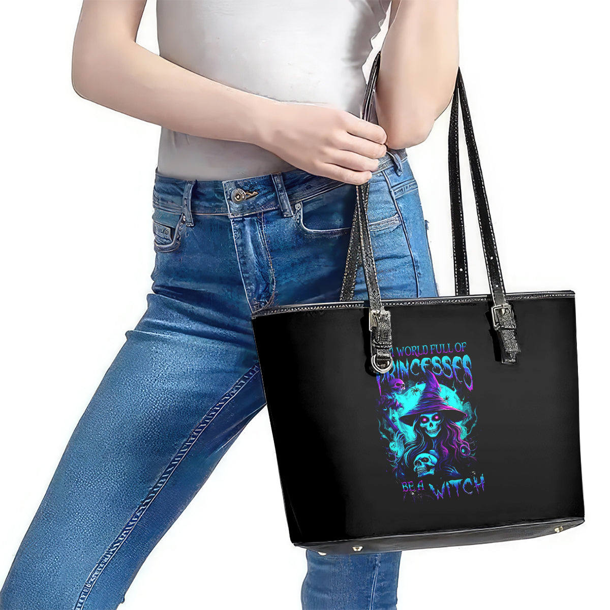 Witch Skull Leather Tote Bag In A World Full Of Princess Be A Witch - Wonder Print Shop
