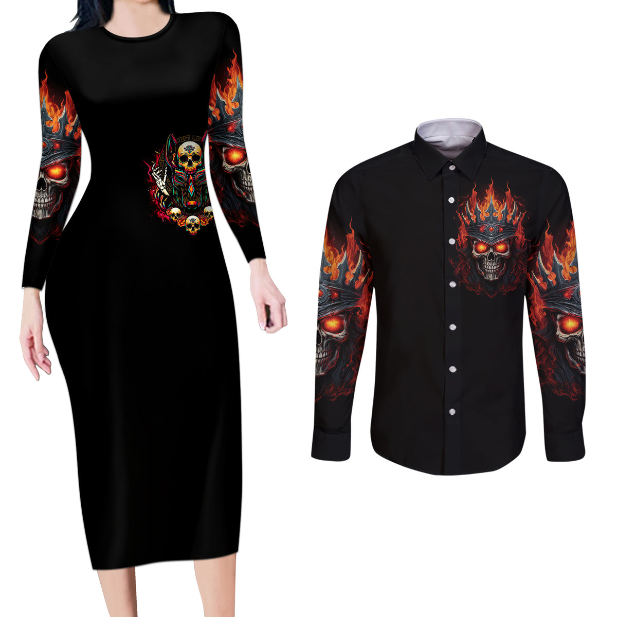 King Skull Couples Matching Long Sleeve Bodycon Dress and Long Sleeve Button Shirts Don't Make Me Mad Then Tell Me To Calm Down - Wonder Print Shop