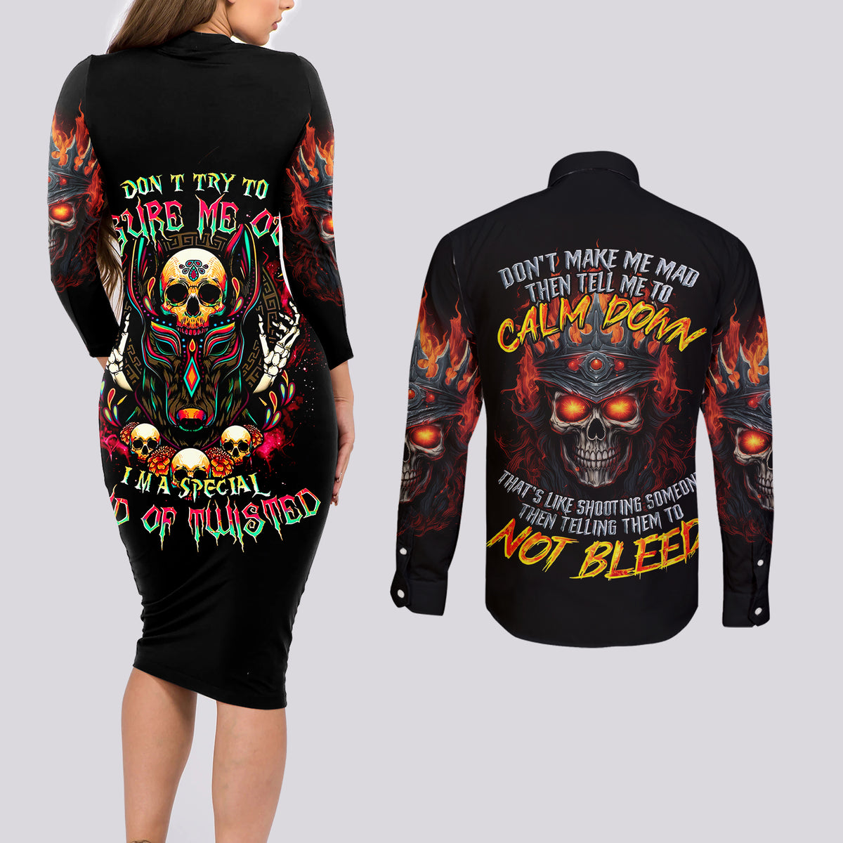 King Skull Couples Matching Long Sleeve Bodycon Dress and Long Sleeve Button Shirts Don't Make Me Mad Then Tell Me To Calm Down - Wonder Print Shop
