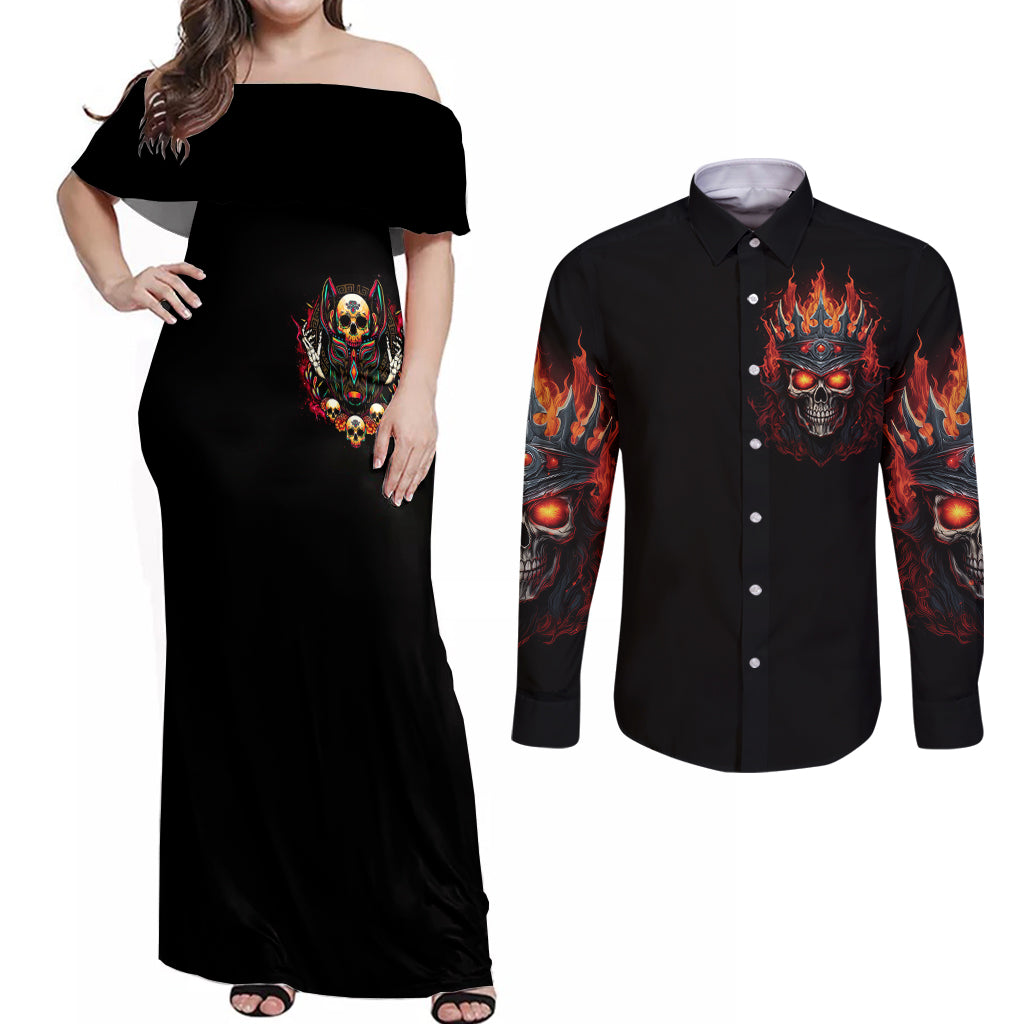 King Skull Couples Matching Off Shoulder Maxi Dress and Long Sleeve Button Shirts Don't Make Me Mad Then Tell Me To Calm Down - Wonder Print Shop