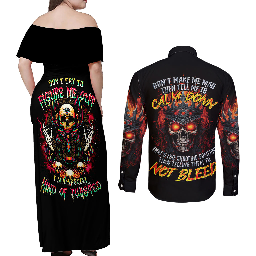 King Skull Couples Matching Off Shoulder Maxi Dress and Long Sleeve Button Shirts Don't Make Me Mad Then Tell Me To Calm Down - Wonder Print Shop