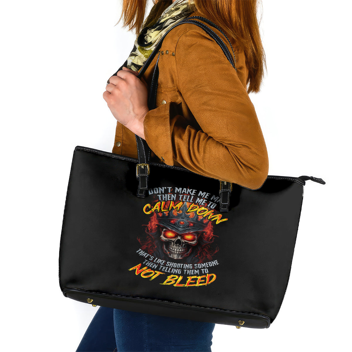 King Skull Leather Tote Bag Don't Make Me Mad Then Tell Me To Calm Down - Wonder Print Shop