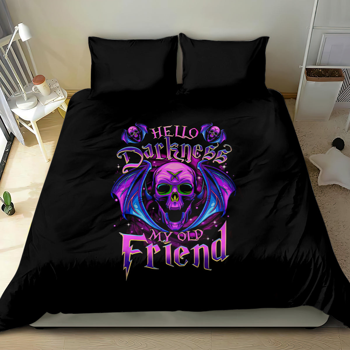 Bat Skull Bedding Set Bat Skull Hello Darkness My Old Friend - Wonder Print Shop