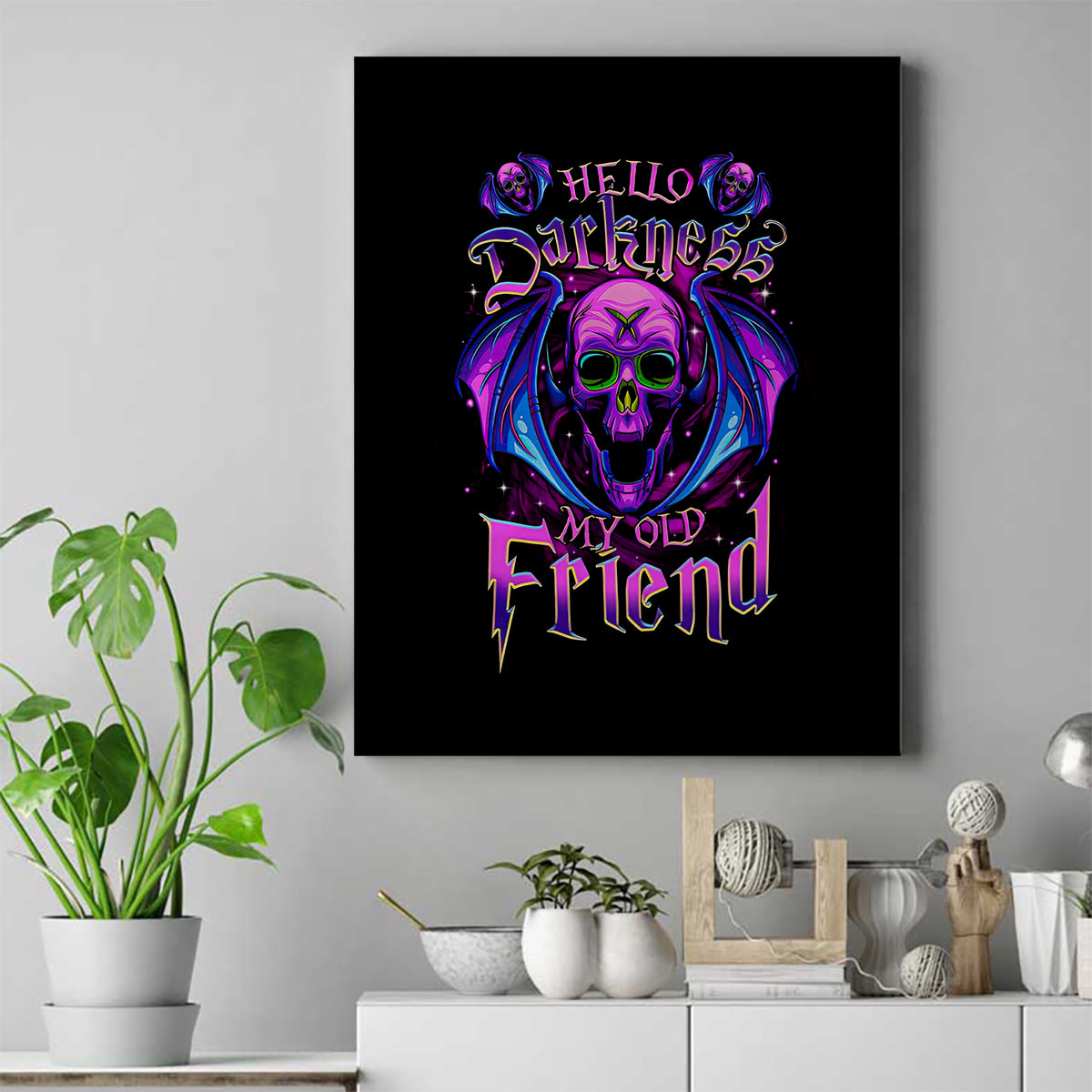 Bat Skull Canvas Wall Art Bat Skull Hello Darkness My Old Friend - Wonder Print Shop