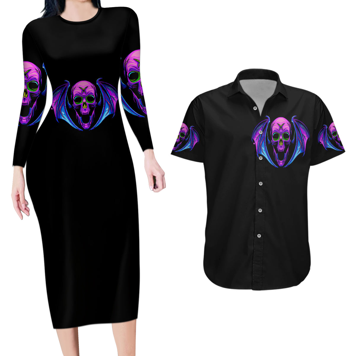 Bat Skull Couples Matching Long Sleeve Bodycon Dress and Hawaiian Shirt Bat Skull Hello Darkness My Old Friend - Wonder Print Shop