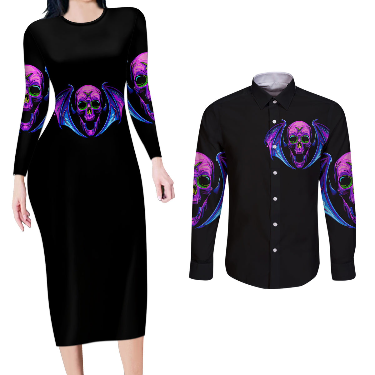 Bat Skull Couples Matching Long Sleeve Bodycon Dress and Long Sleeve Button Shirts Bat Skull Hello Darkness My Old Friend - Wonder Print Shop