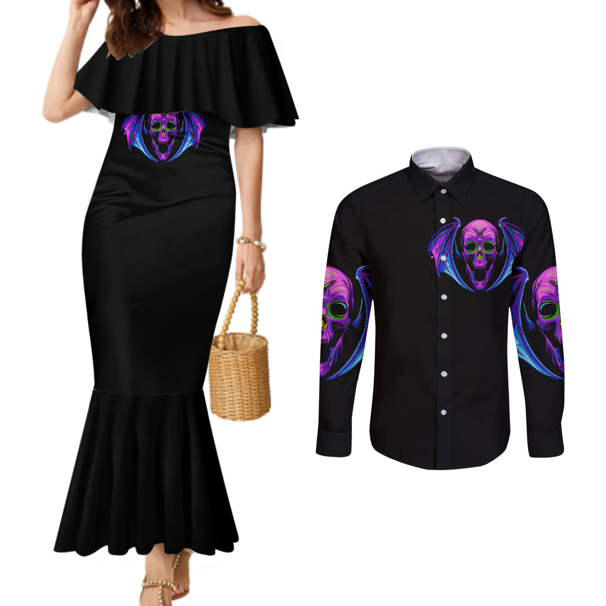bat-skull-couples-matching-mermaid-dress-and-long-sleeve-button-shirts-bat-skull-hello-darkness-my-old-friend