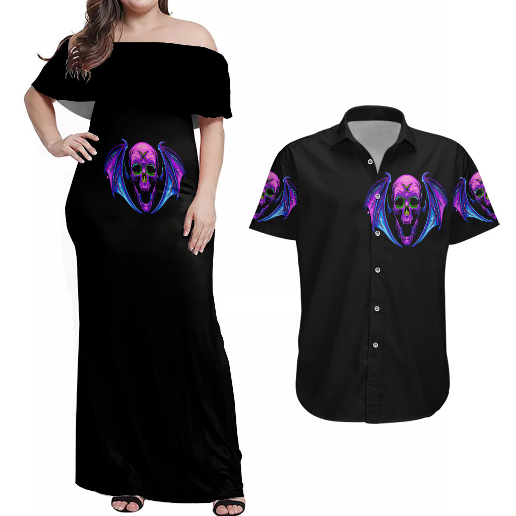 Bat Skull Couples Matching Off Shoulder Maxi Dress and Hawaiian Shirt Bat Skull Hello Darkness My Old Friend - Wonder Print Shop