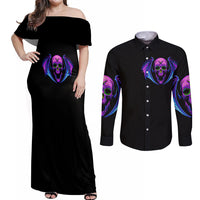 Bat Skull Couples Matching Off Shoulder Maxi Dress and Long Sleeve Button Shirts Bat Skull Hello Darkness My Old Friend - Wonder Print Shop