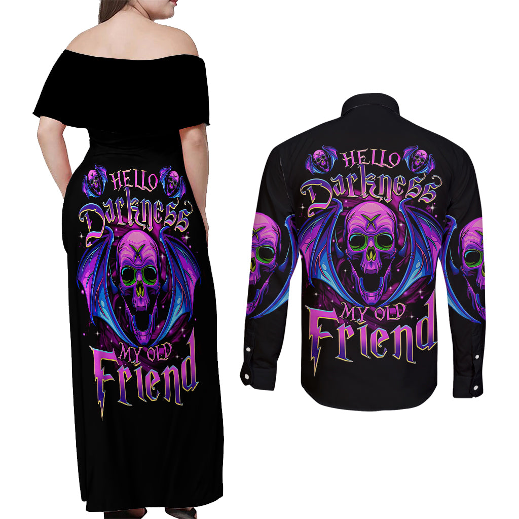 Bat Skull Couples Matching Off Shoulder Maxi Dress and Long Sleeve Button Shirts Bat Skull Hello Darkness My Old Friend - Wonder Print Shop