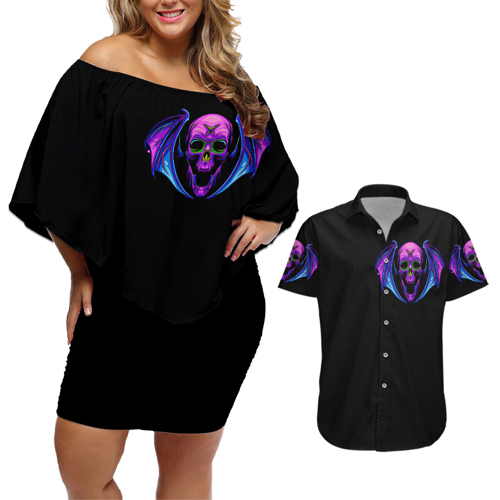Bat Skull Couples Matching Off Shoulder Short Dress and Hawaiian Shirt Bat Skull Hello Darkness My Old Friend - Wonder Print Shop