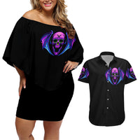 Bat Skull Couples Matching Off Shoulder Short Dress and Hawaiian Shirt Bat Skull Hello Darkness My Old Friend - Wonder Print Shop