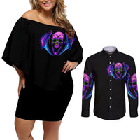 Bat Skull Couples Matching Off Shoulder Short Dress and Long Sleeve Button Shirts Bat Skull Hello Darkness My Old Friend - Wonder Print Shop