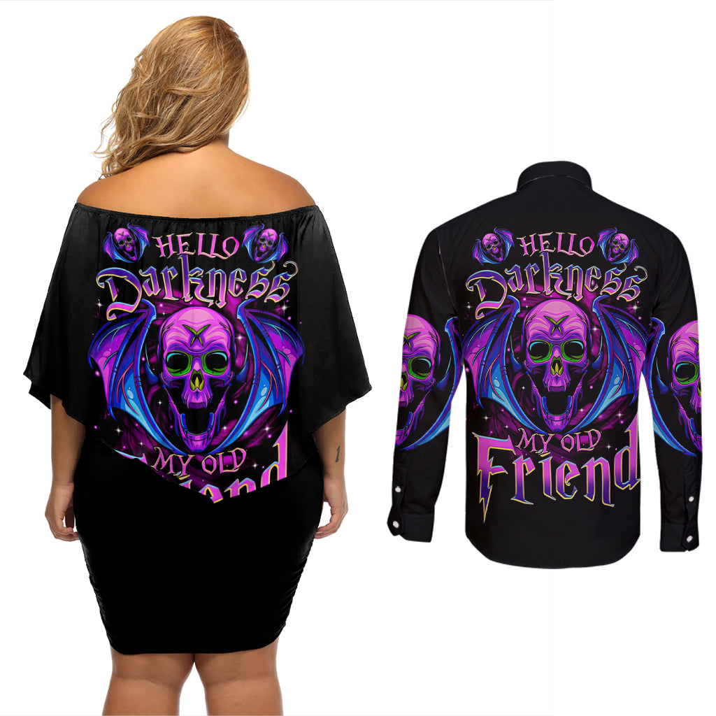 Bat Skull Couples Matching Off Shoulder Short Dress and Long Sleeve Button Shirts Bat Skull Hello Darkness My Old Friend - Wonder Print Shop