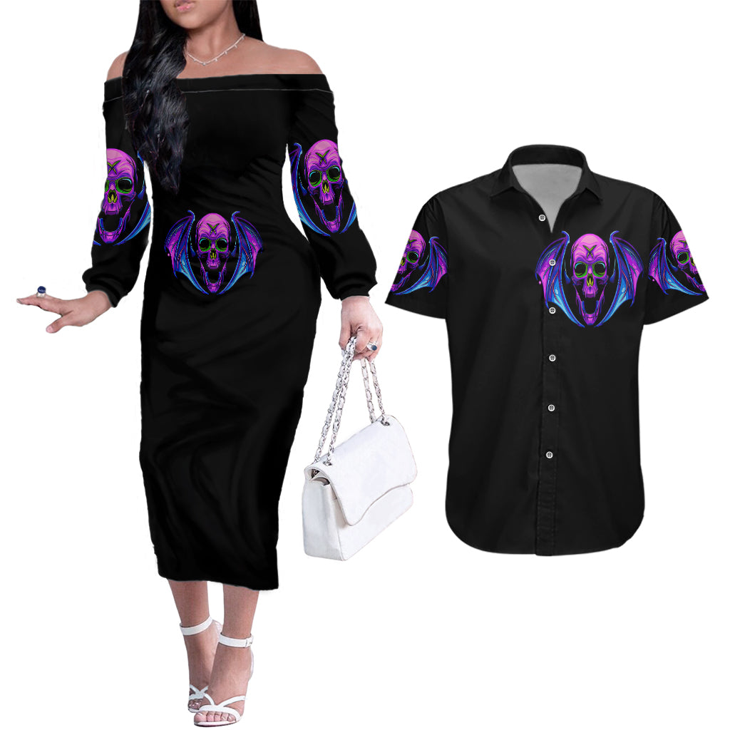 Bat Skull Couples Matching Off The Shoulder Long Sleeve Dress and Hawaiian Shirt Bat Skull Hello Darkness My Old Friend - Wonder Print Shop
