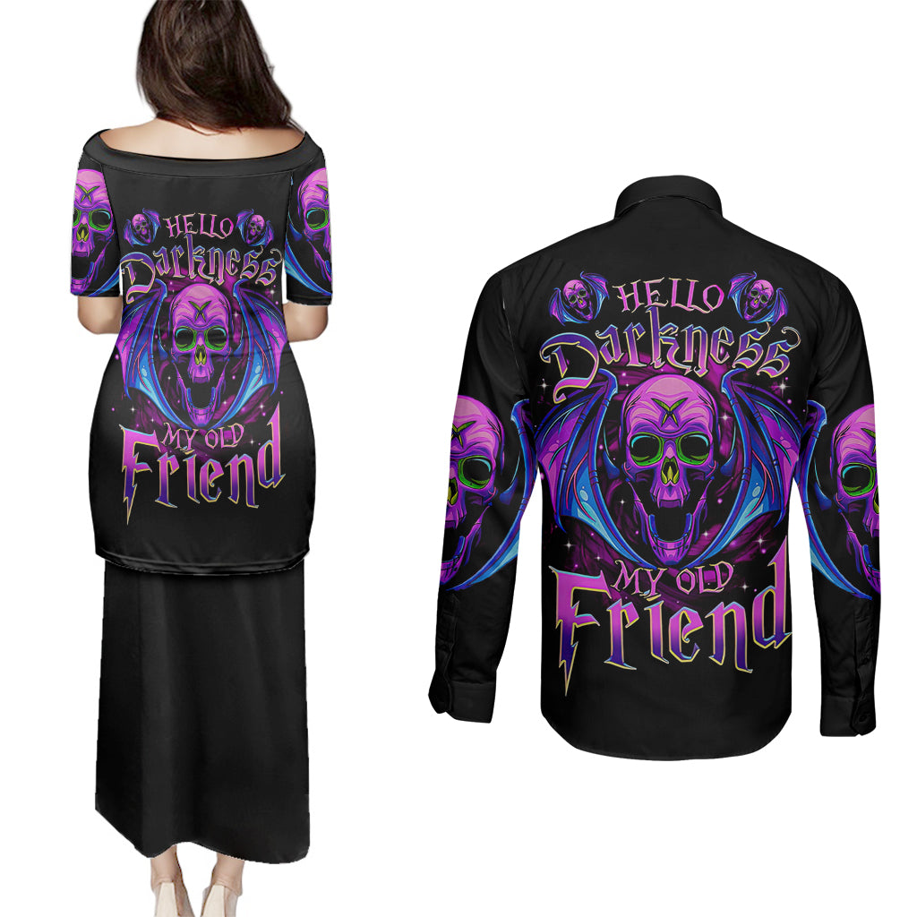 Bat Skull Couples Matching Puletasi Dress and Long Sleeve Button Shirts Bat Skull Hello Darkness My Old Friend - Wonder Print Shop