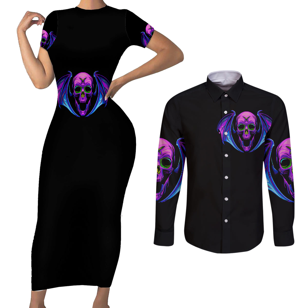 Bat Skull Couples Matching Short Sleeve Bodycon Dress and Long Sleeve Button Shirts Bat Skull Hello Darkness My Old Friend - Wonder Print Shop