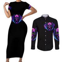 Bat Skull Couples Matching Short Sleeve Bodycon Dress and Long Sleeve Button Shirts Bat Skull Hello Darkness My Old Friend - Wonder Print Shop