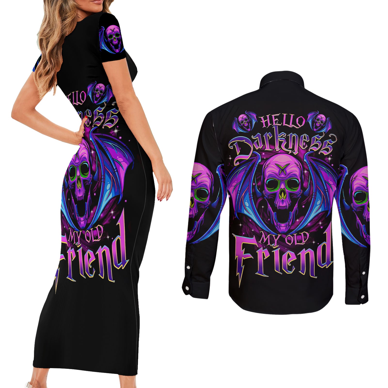 Bat Skull Couples Matching Short Sleeve Bodycon Dress and Long Sleeve Button Shirts Bat Skull Hello Darkness My Old Friend - Wonder Print Shop