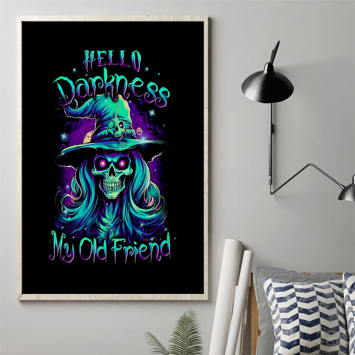 Witch Skull Canvas Wall Art Skull Witch Hello Darkness My Old Friend - Wonder Print Shop