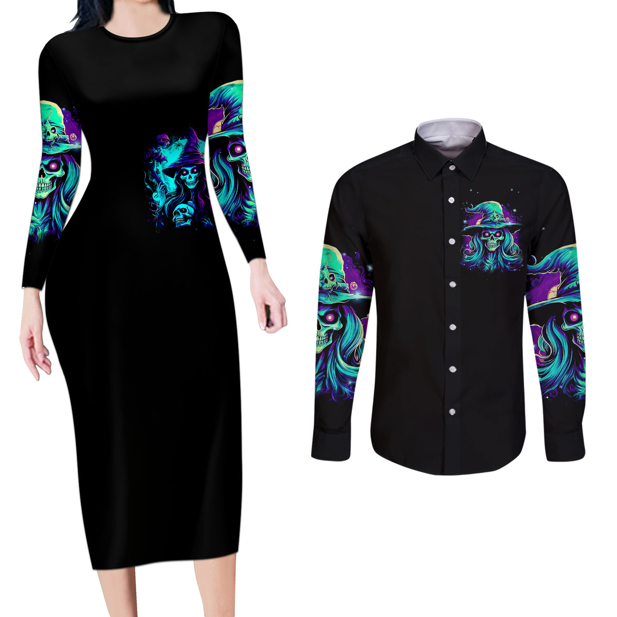 Witch Skull Couples Matching Long Sleeve Bodycon Dress and Long Sleeve Button Shirts Skull Witch Hello Darkness My Old Friend - Wonder Print Shop