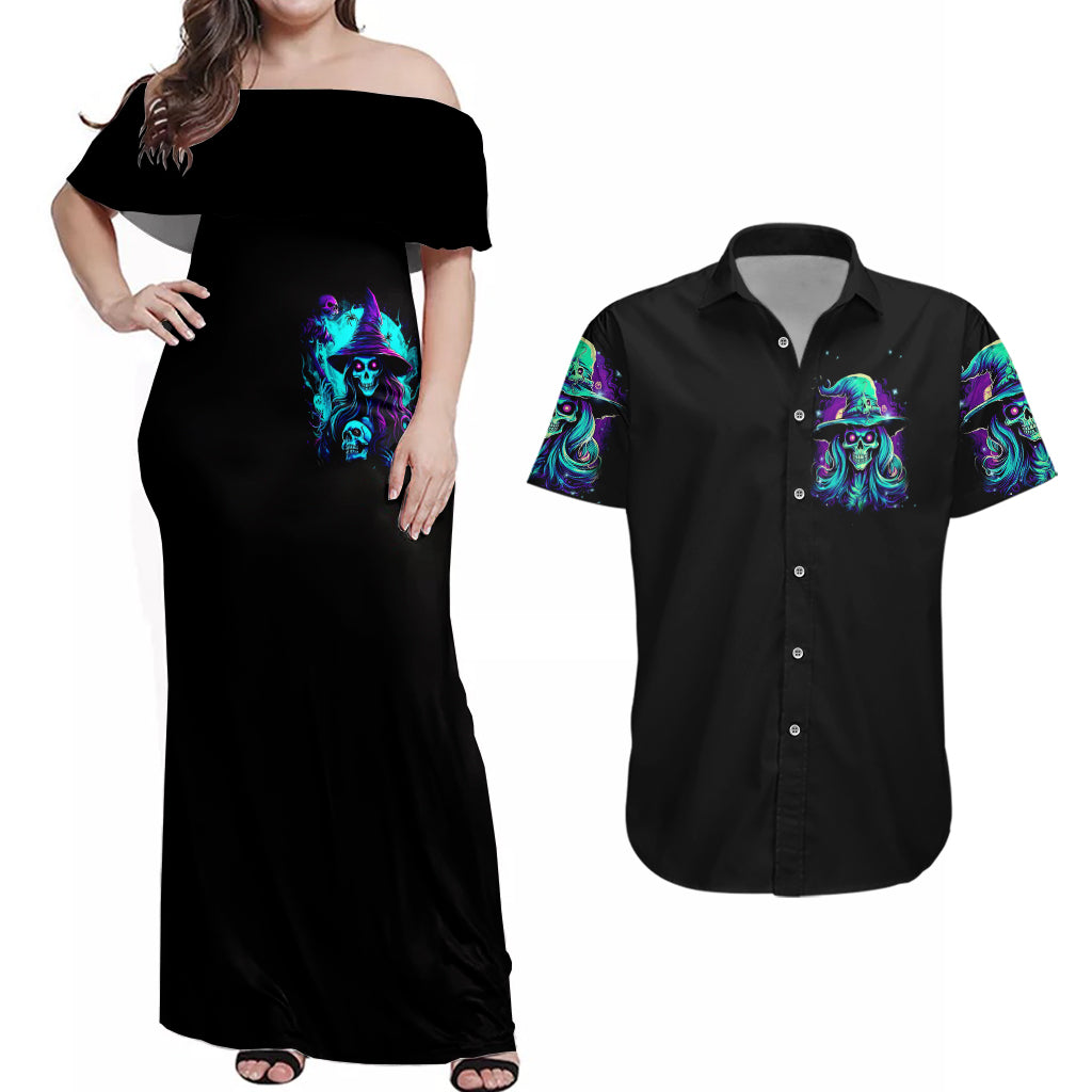 Witch Skull Couples Matching Off Shoulder Maxi Dress and Hawaiian Shirt Skull Witch Hello Darkness My Old Friend - Wonder Print Shop