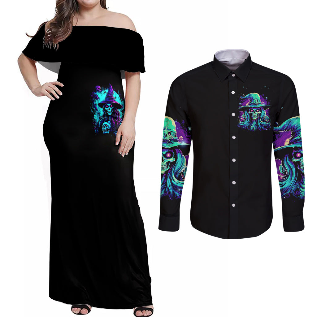 Witch Skull Couples Matching Off Shoulder Maxi Dress and Long Sleeve Button Shirts Skull Witch Hello Darkness My Old Friend - Wonder Print Shop
