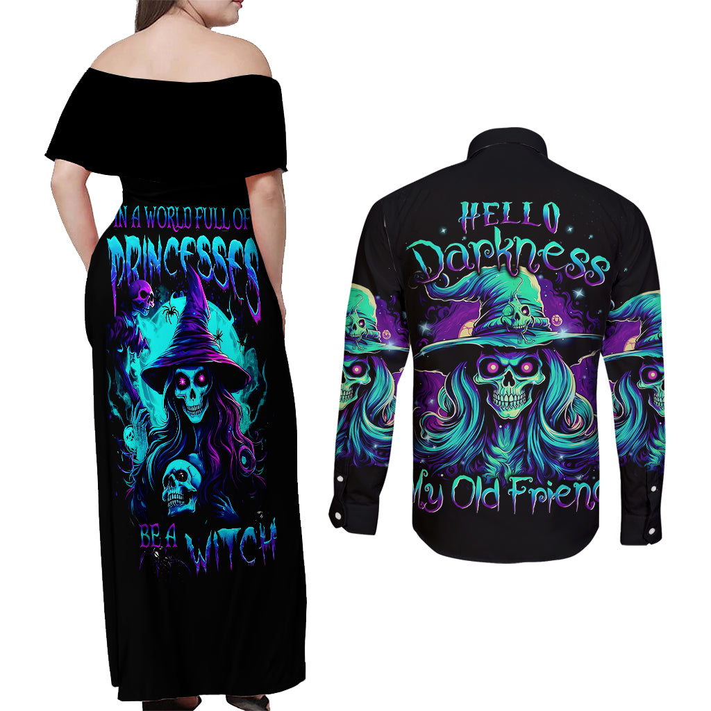 Witch Skull Couples Matching Off Shoulder Maxi Dress and Long Sleeve Button Shirts Skull Witch Hello Darkness My Old Friend - Wonder Print Shop