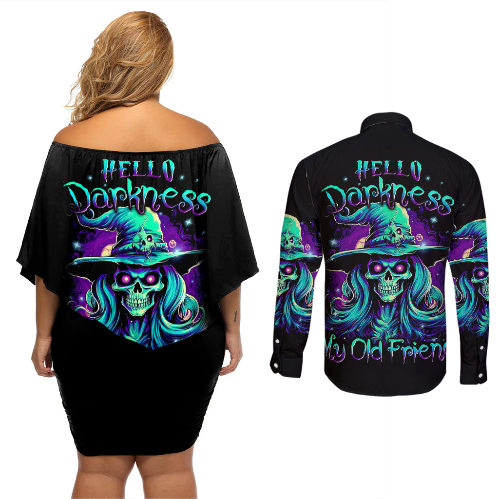 Witch Skull Couples Matching Off Shoulder Short Dress and Long Sleeve Button Shirts Skull Witch Hello Darkness My Old Friend - Wonder Print Shop