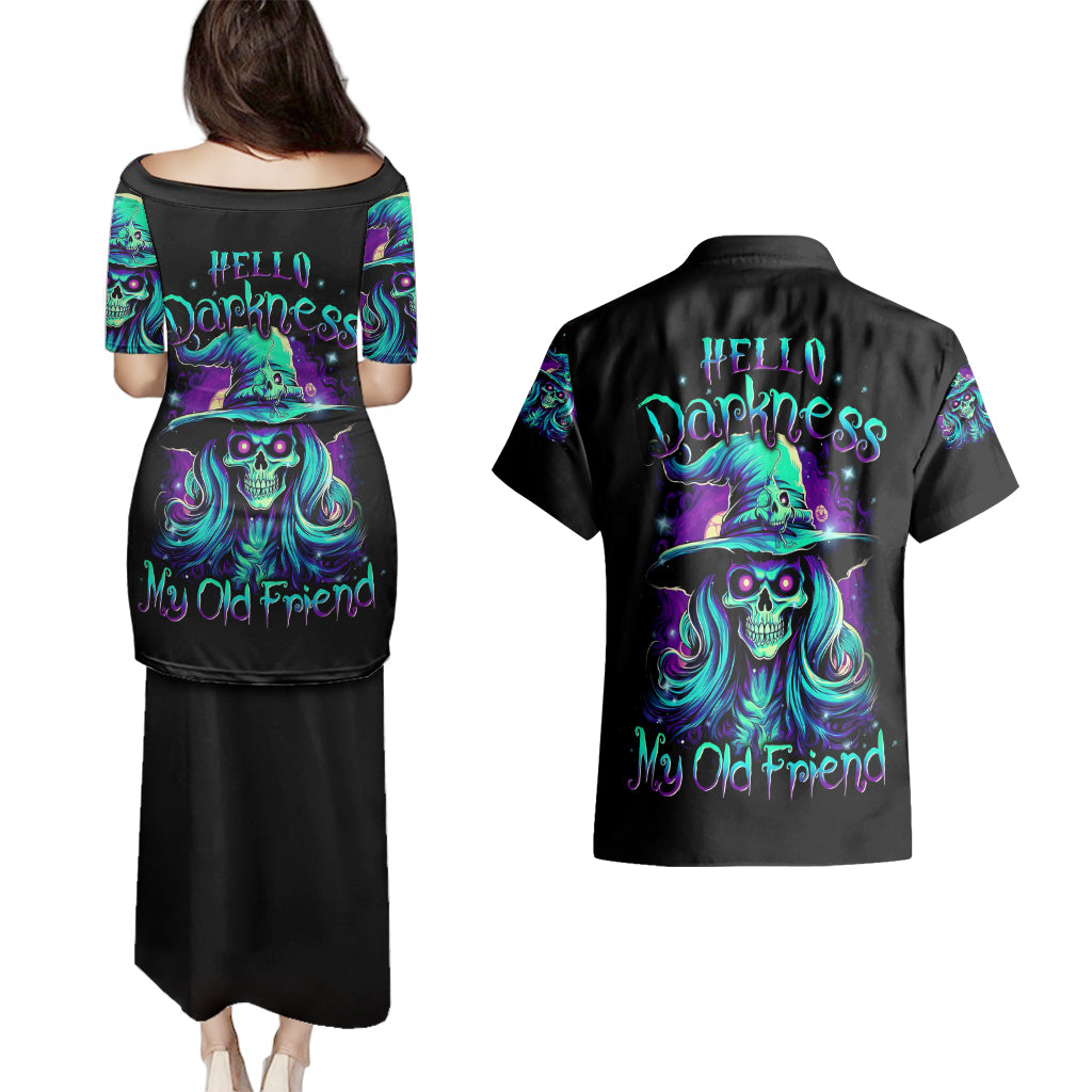 Witch Skull Couples Matching Puletasi Dress and Hawaiian Shirt Skull Witch Hello Darkness My Old Friend - Wonder Print Shop