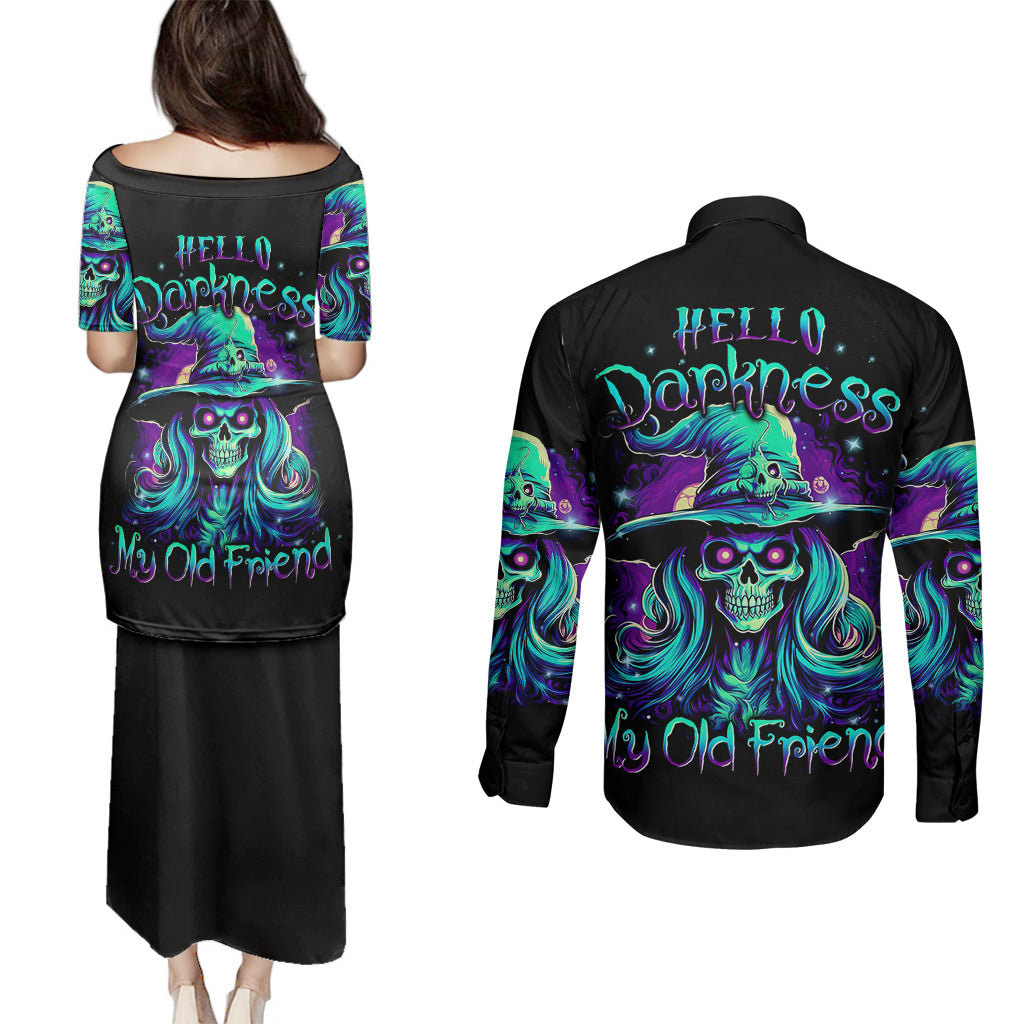 Witch Skull Couples Matching Puletasi Dress and Long Sleeve Button Shirts Skull Witch Hello Darkness My Old Friend - Wonder Print Shop