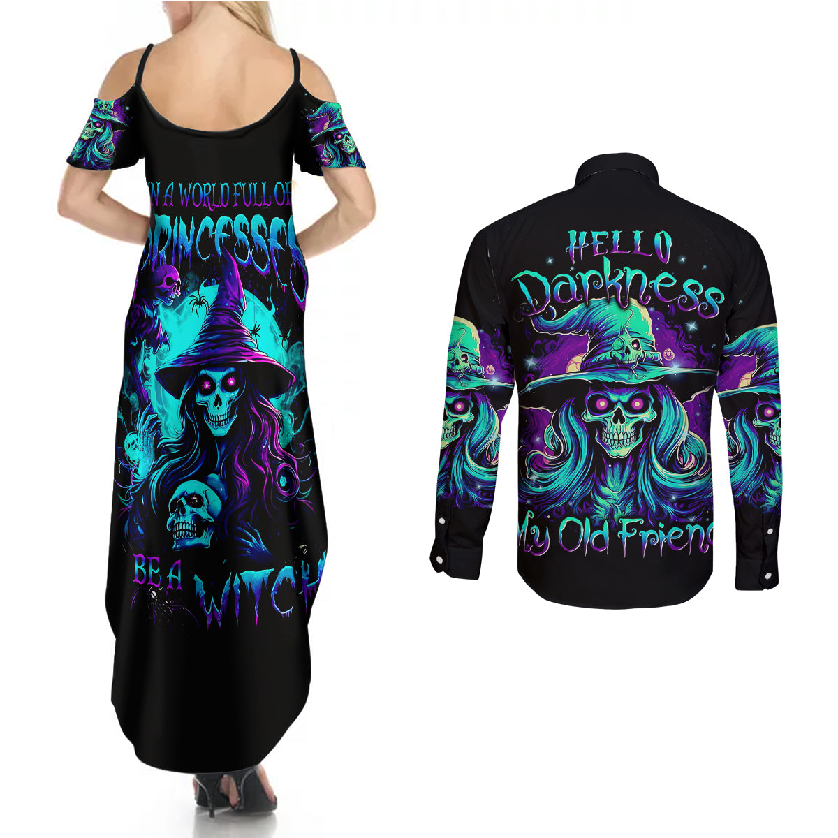 Witch Skull Couples Matching Summer Maxi Dress and Long Sleeve Button Shirts Skull Witch Hello Darkness My Old Friend - Wonder Print Shop
