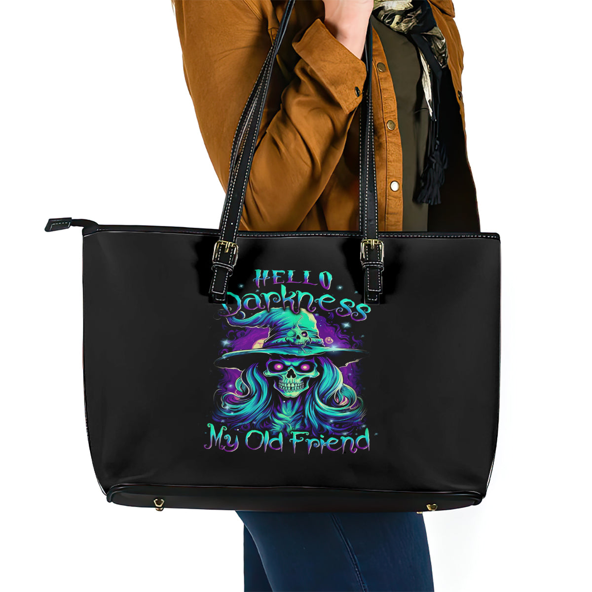 Witch Skull Leather Tote Bag Skull Witch Hello Darkness My Old Friend - Wonder Print Shop