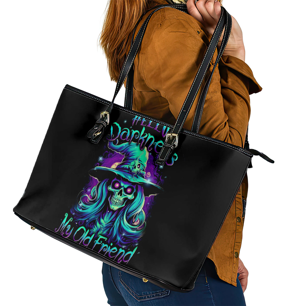 Witch Skull Leather Tote Bag Skull Witch Hello Darkness My Old Friend - Wonder Print Shop