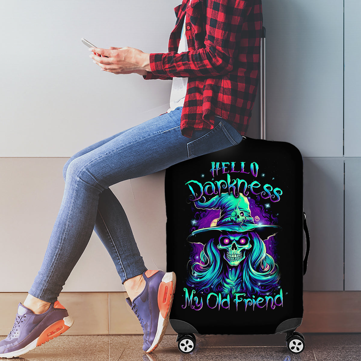 Witch Skull Luggage Cover Skull Witch Hello Darkness My Old Friend - Wonder Print Shop